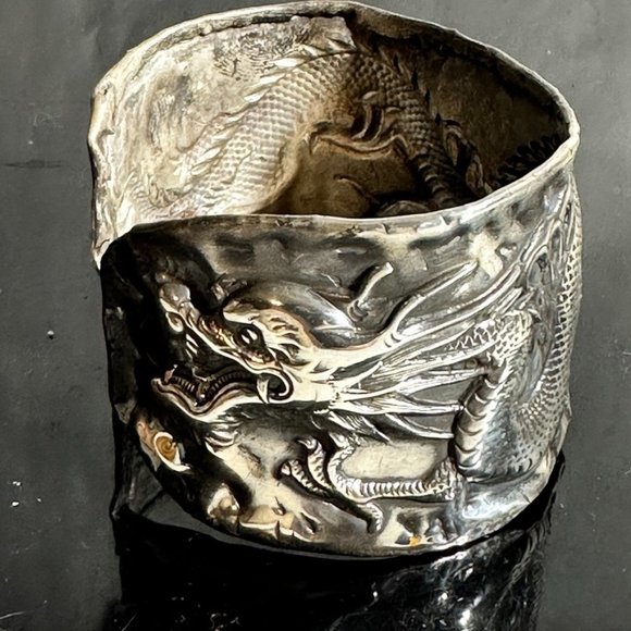 Chinese Four Toed Dragon Wang Hing Sterling Silver Cuff Bracelet Rare Antique - Picture 3 of 10